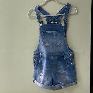 Distressed denim shortalls (women's).